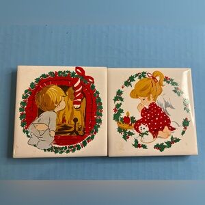 2 Vintage 1981 Jasco Christmas Ceramic Tile Trivets Coasters In Box Boy Girl